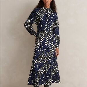 ME+EM Navy and Cream Checkered Long Sleeve Dress NWT